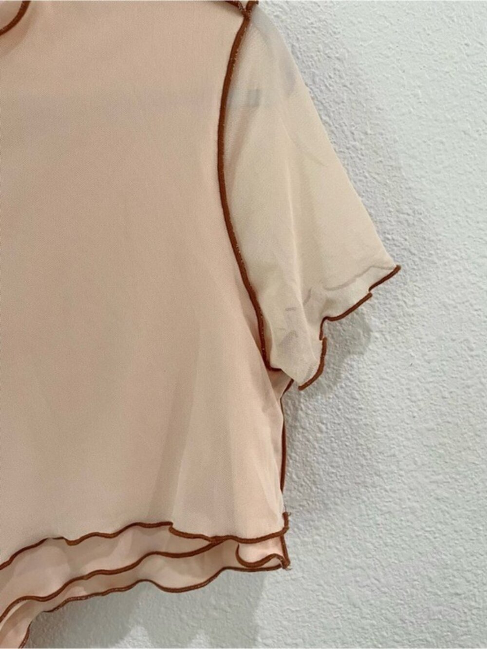 ZYA Mesh Asymmetrical Y2K Top Short Sleeve Neutral Scallop Hem - Picture 2 of 5